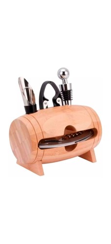 Saca Rolhas Inox Kit vinho suporte formato barril de bambu 04 peças 